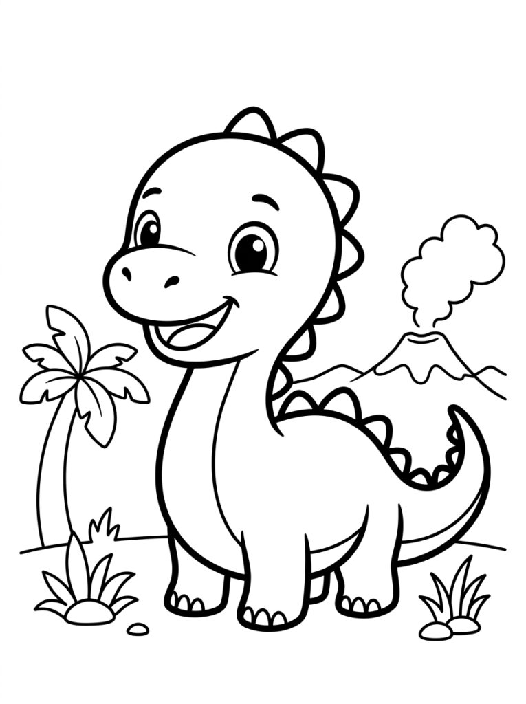 Dinosaurus met glimlach naast palmboom en vulkaan
