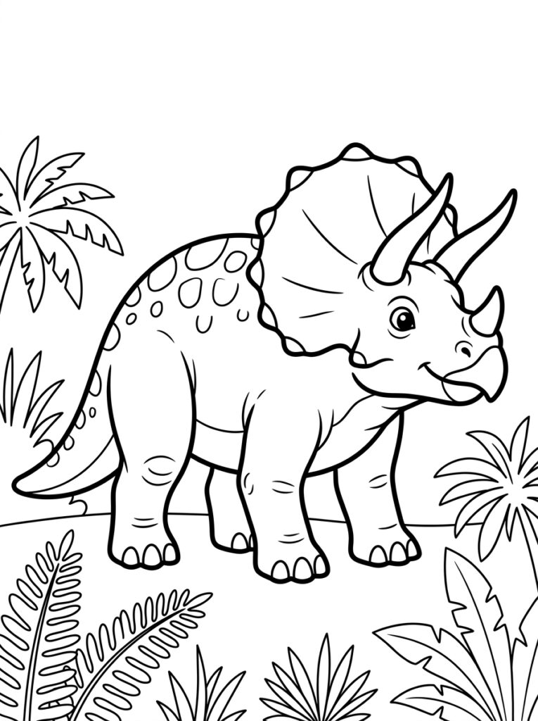 Triceratops met hoorns tussen varens en palmen