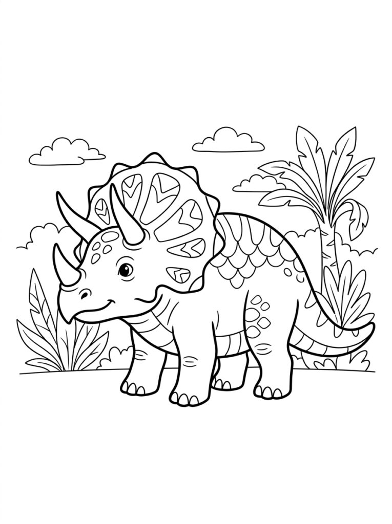 Triceratops met hoorns onder wolken en planten