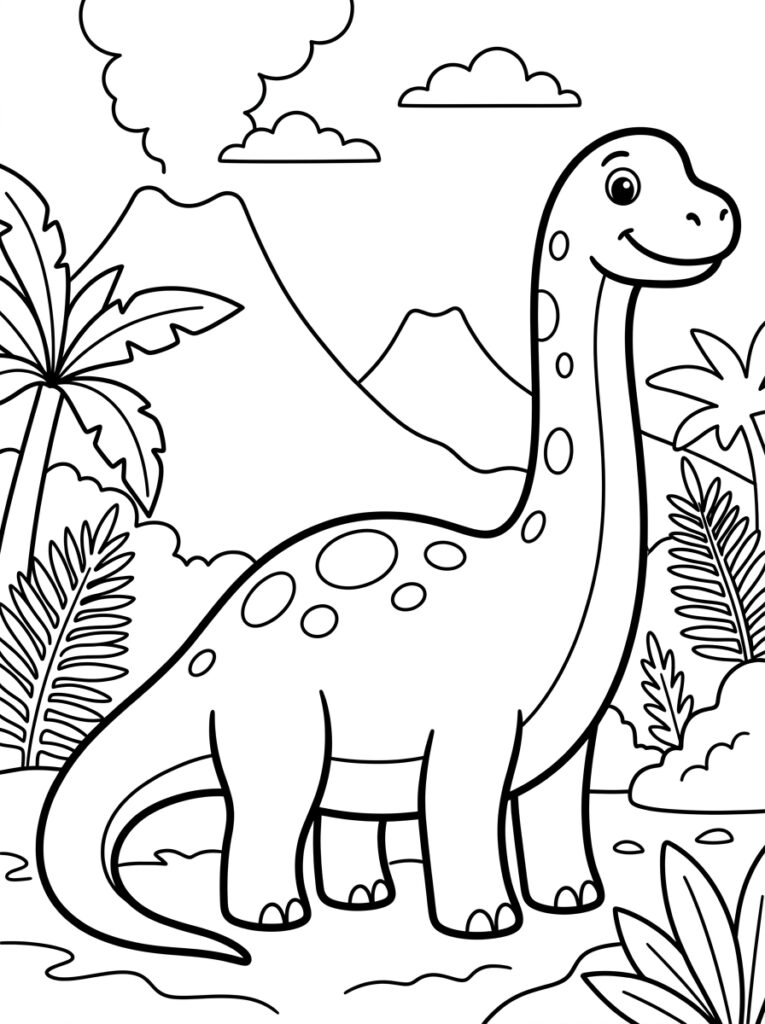 Brachiosaurus met lange nek bij vulkaan