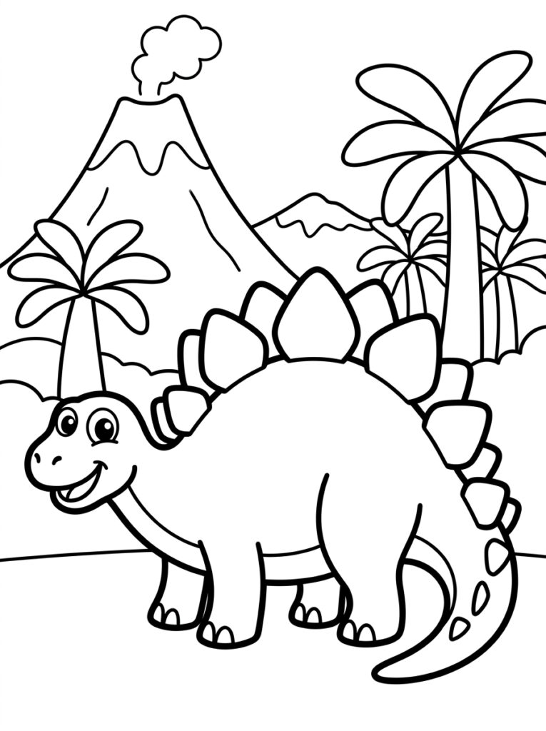 Stegosaurus met rugplaten bij vulkaan en palmen
