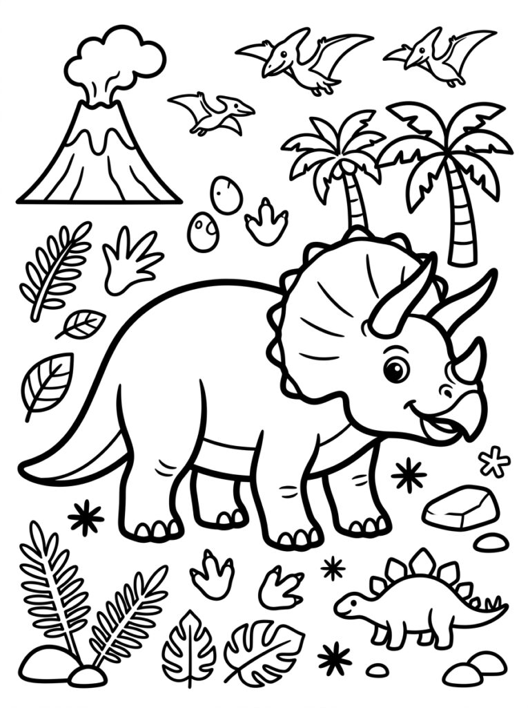 Triceratops met stegosaurus bij vulkaan en palmbomen