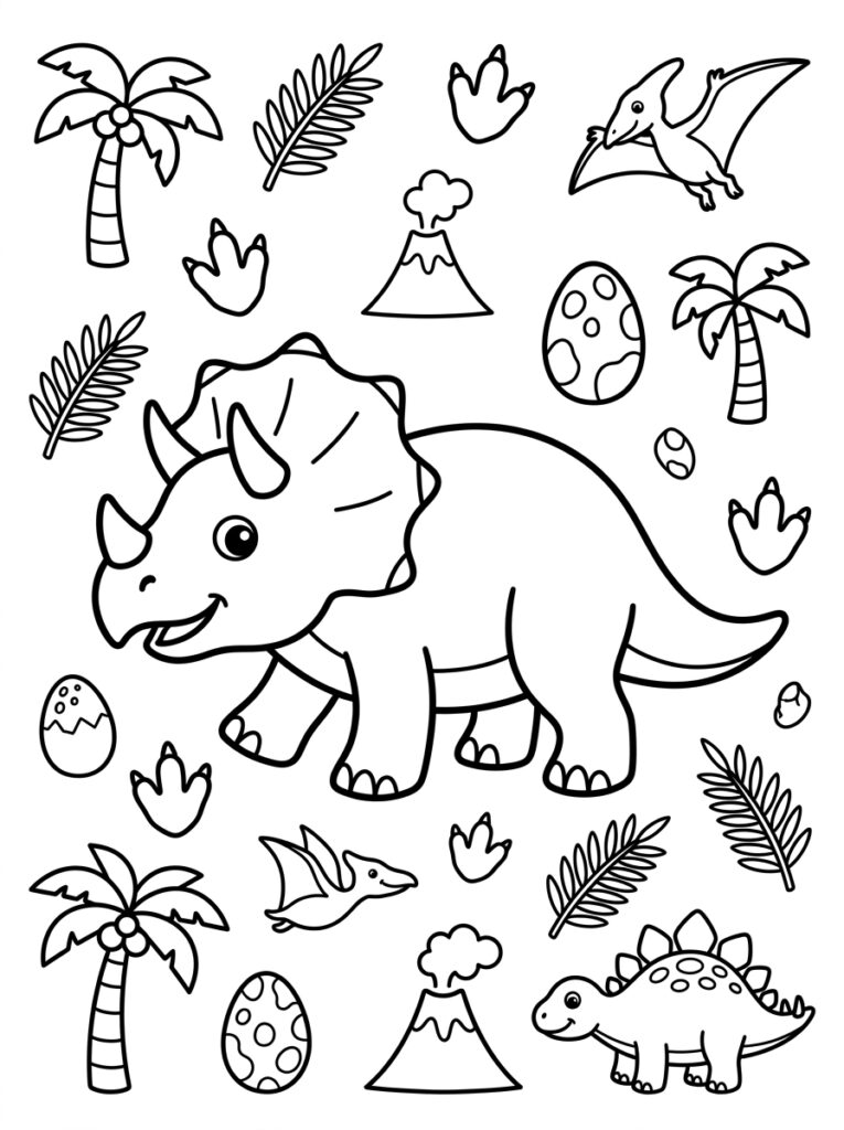 Triceratops omringd door eieren pterodactylen en vulkaan