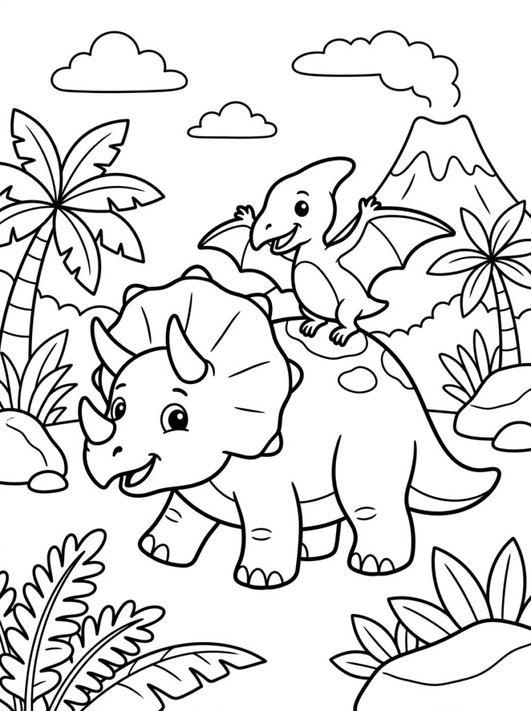 Triceratops en pterodactylus bij vulkaan en palmbomen