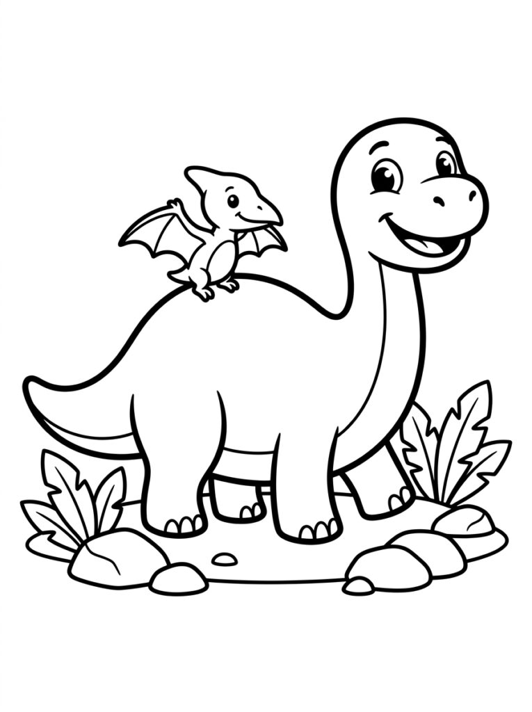 Brontosaurus met pterodactylus op rug bij planten