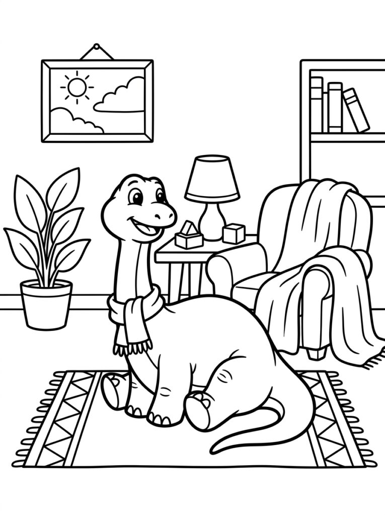 Dinosaurus met sjaal zit op kleed in kamer