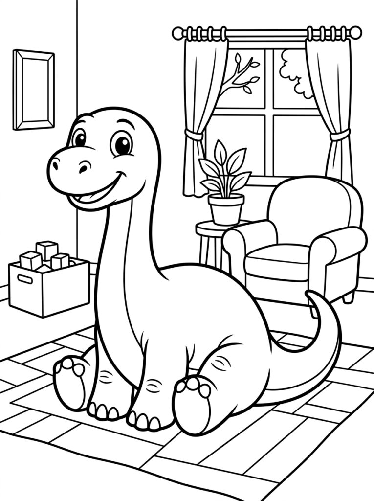 Dinosaurus zit lachend op vloer bij raam