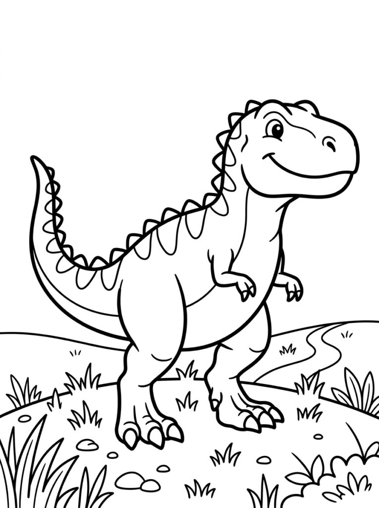 Dinosaurus staat lachend op gras met pad
