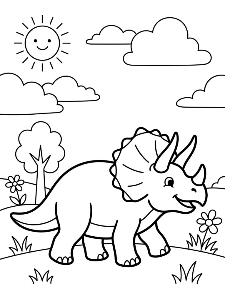 Triceratops loopt lachend tussen bloemen en gras