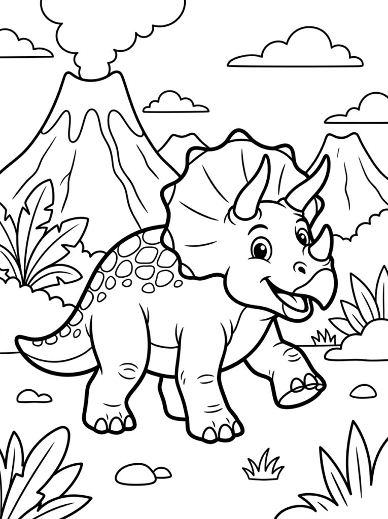 Triceratops bij rokende vulkaan en planten