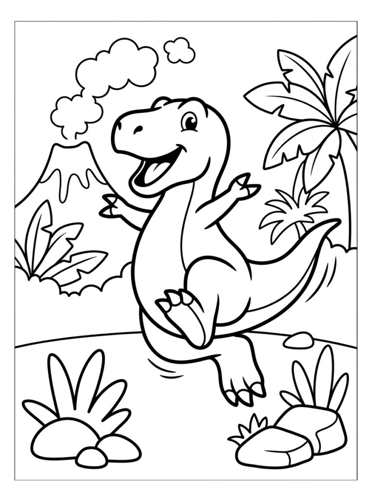 Dinosaurus met armen omhoog bij vulkaan en palmboom