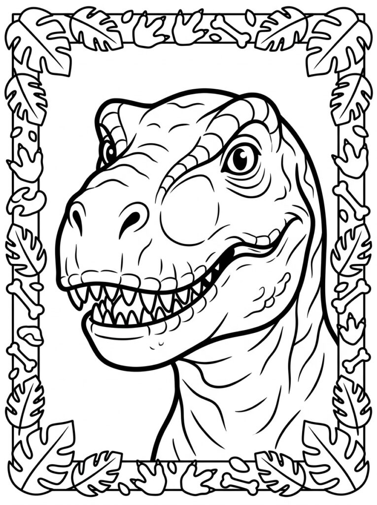 T-rex in lijst met bladeren en botten