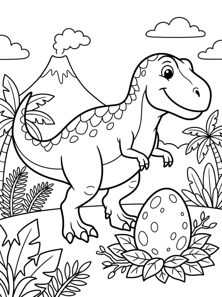 Dinosaurus bij rokende vulkaan en ei