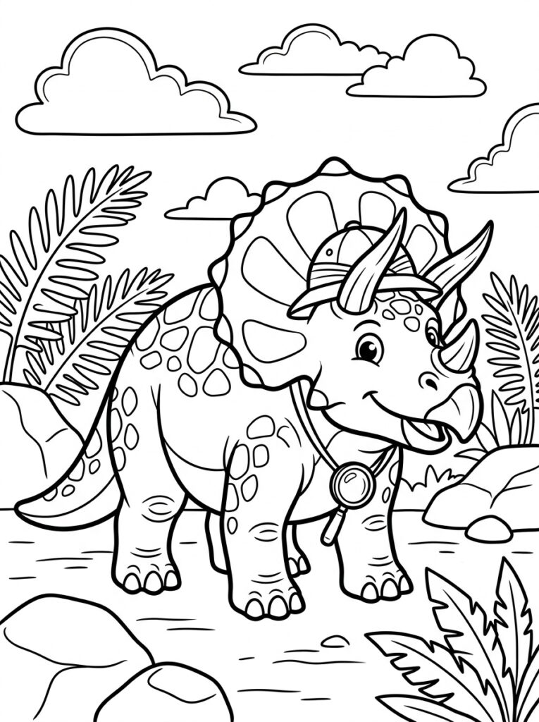 Dinosaurus met hoed en vergrootglas