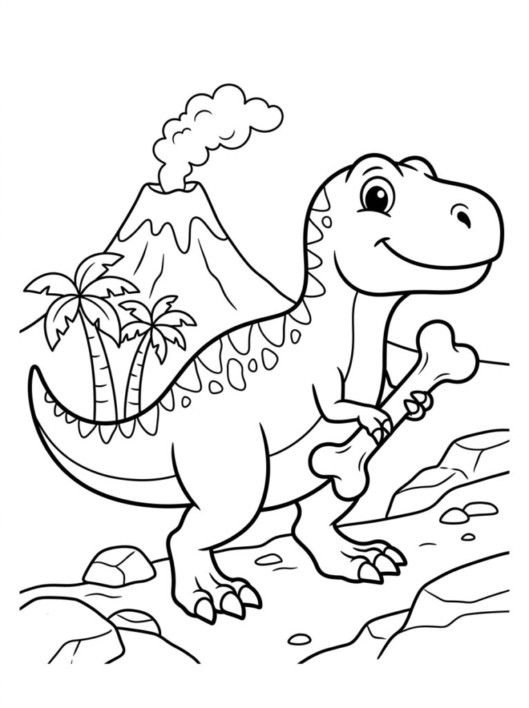 Dinosaurus met bot bij rokende vulkaan