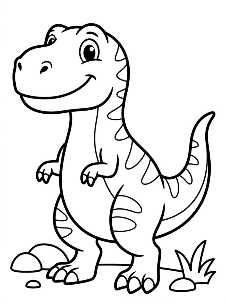 Dinosaurus met glimlach staand naast rotsen en gras