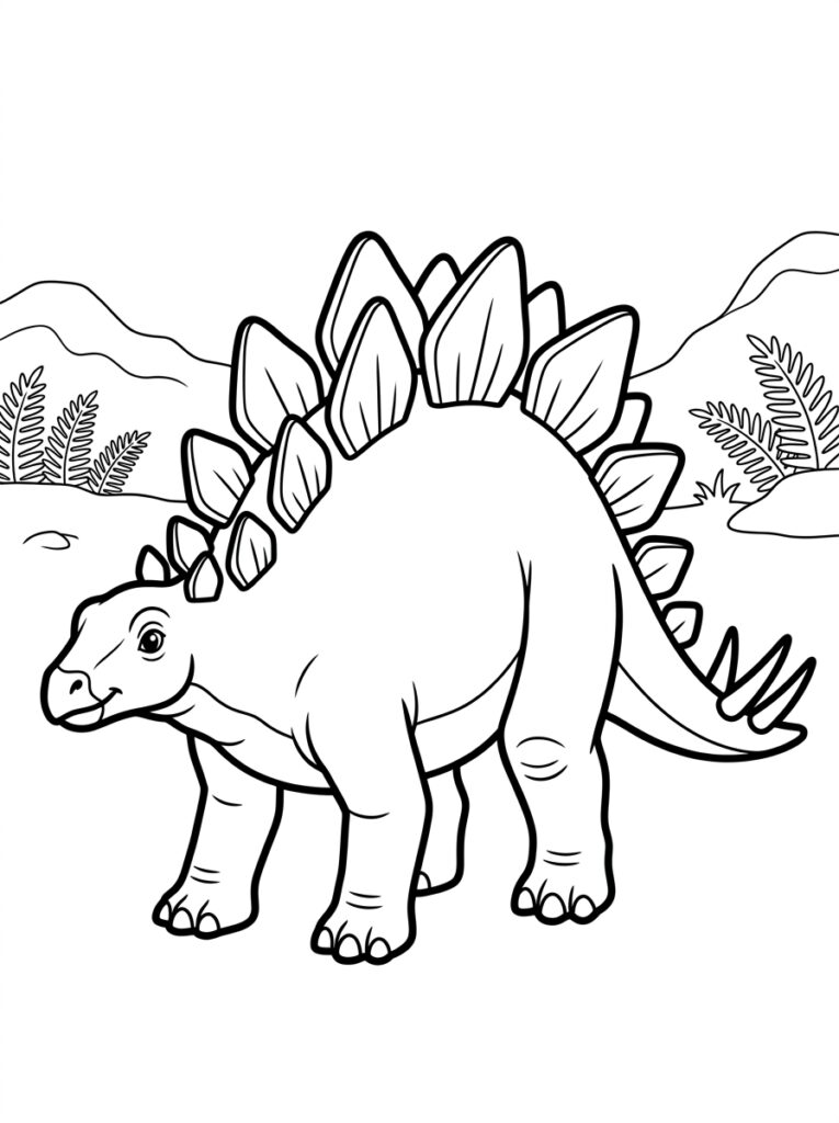 Stegosaurus met grote rugplaten tussen varens en heuvels