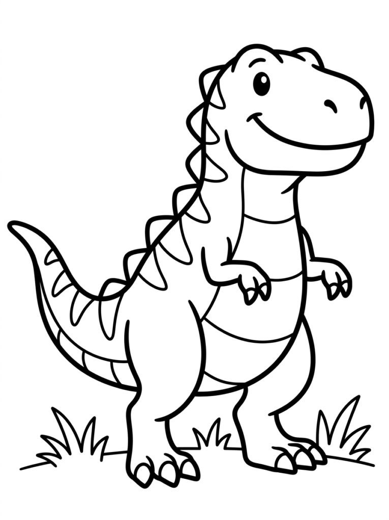 Dinosaurus met brede glimlach staand op gras