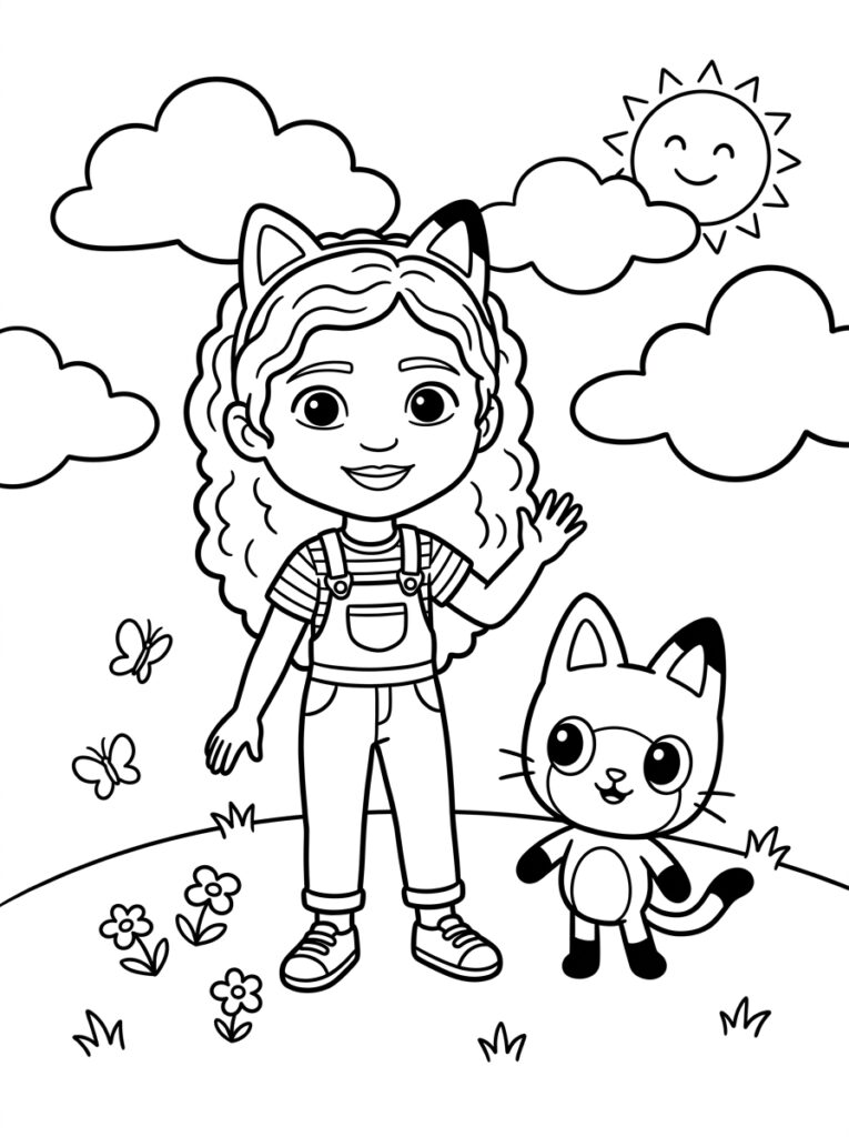 Gabby zwaait naast een staande kat en vlinders