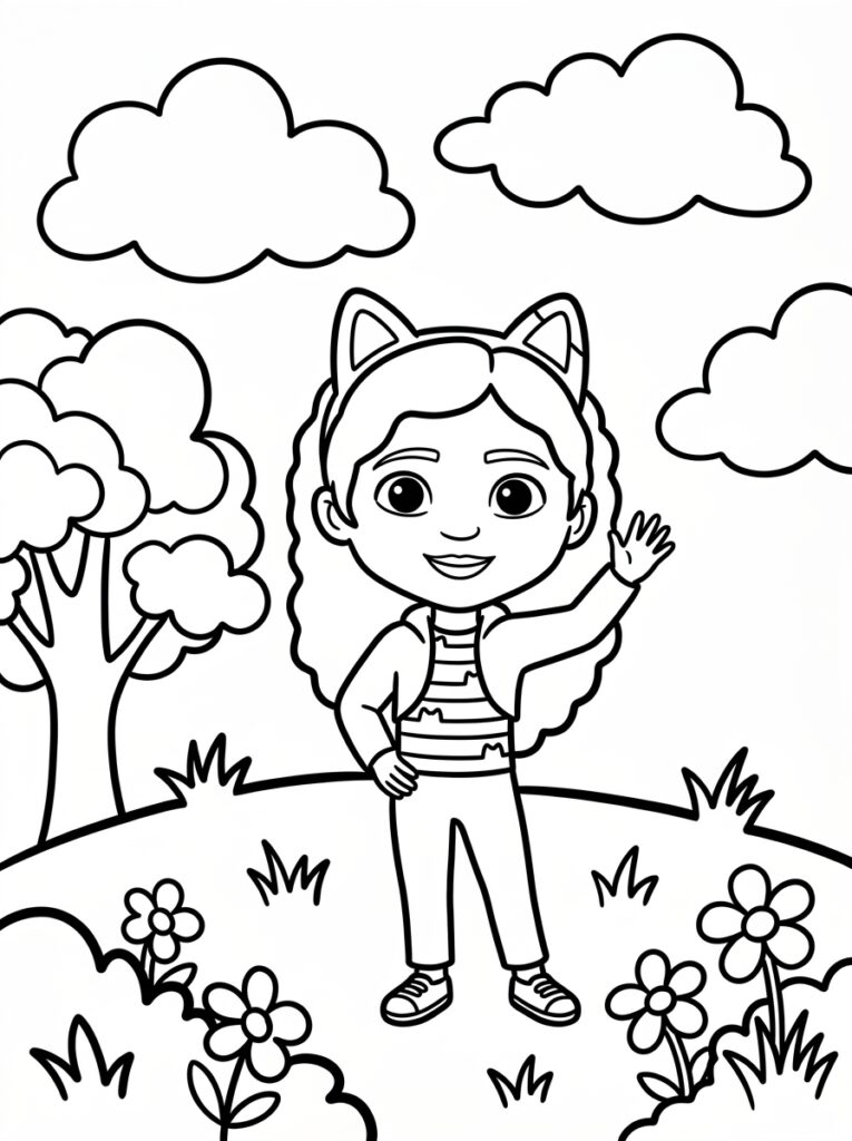 Gabby zwaait op een grasheuvel met bomen en bloemen