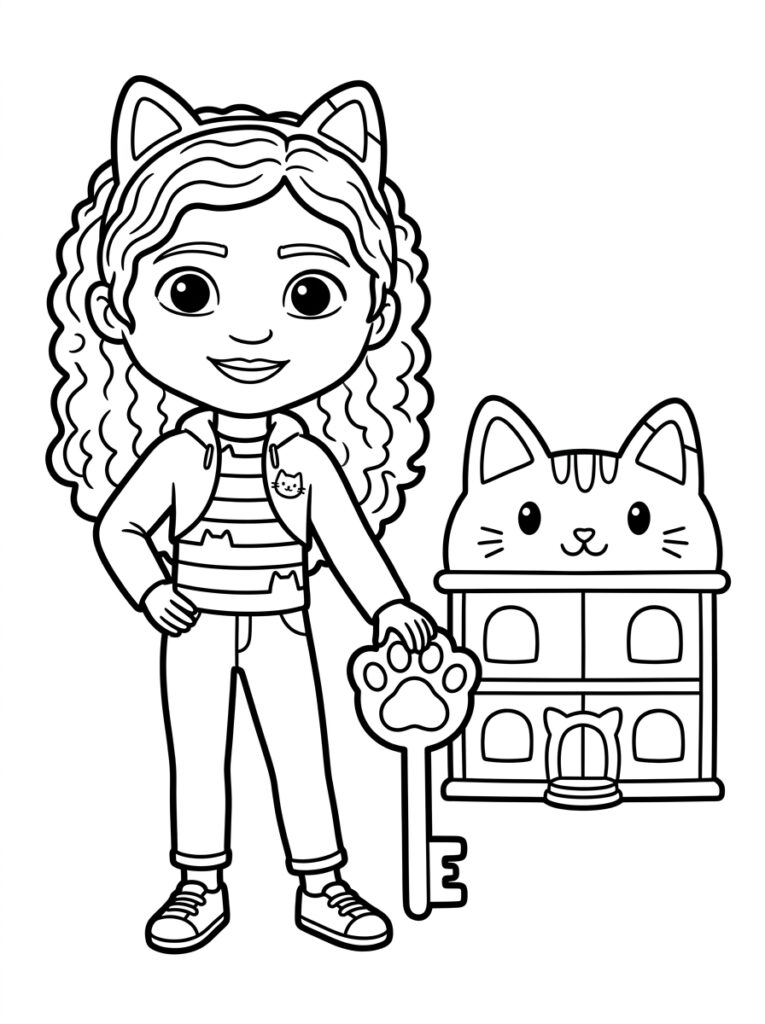 Gabby houdt een pootsleutel vast bij een kattenhuis