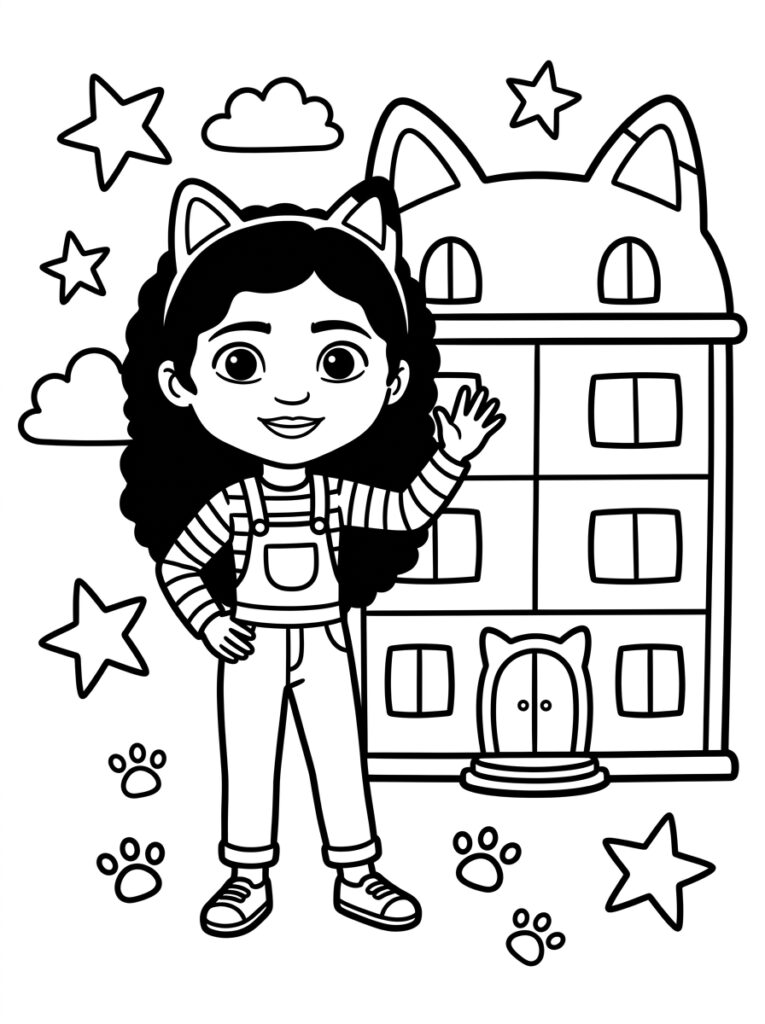 Gabby zwaait voor kattenhuis met sterren