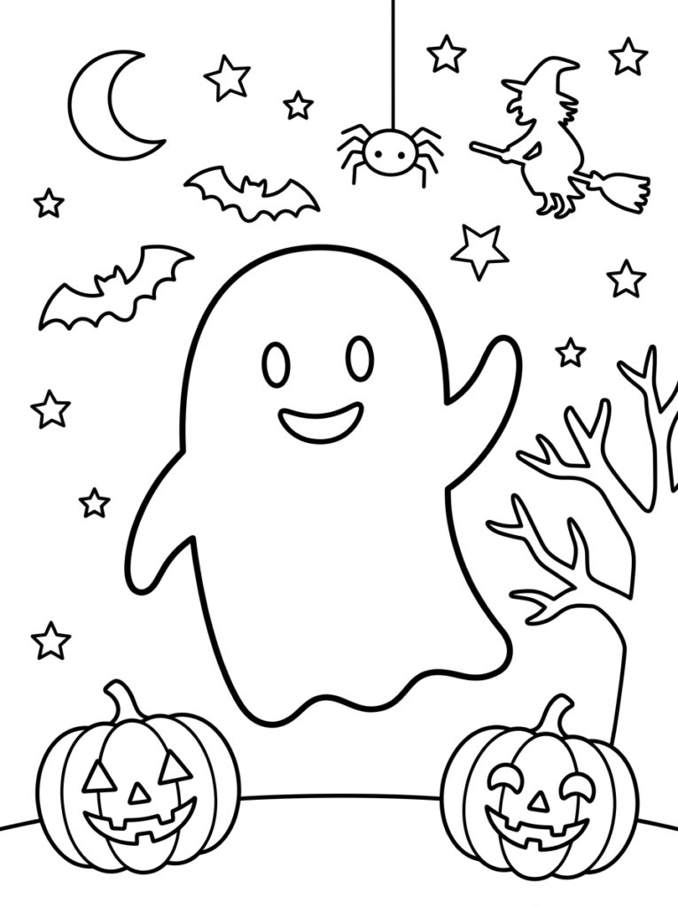 Spook met pompoenen vleermuizen en vliegende heks