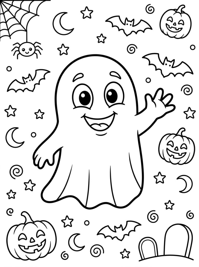 Spook met grote ogen tussen pompoenen en vleermuizen