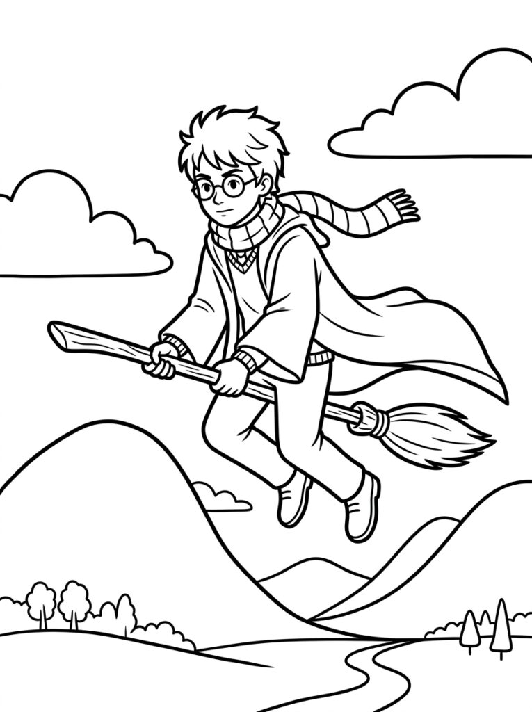 Kleurplaat van Harry Potter met bril en sjaal vliegend op een bezemsteel boven heuvels rivier en wolken