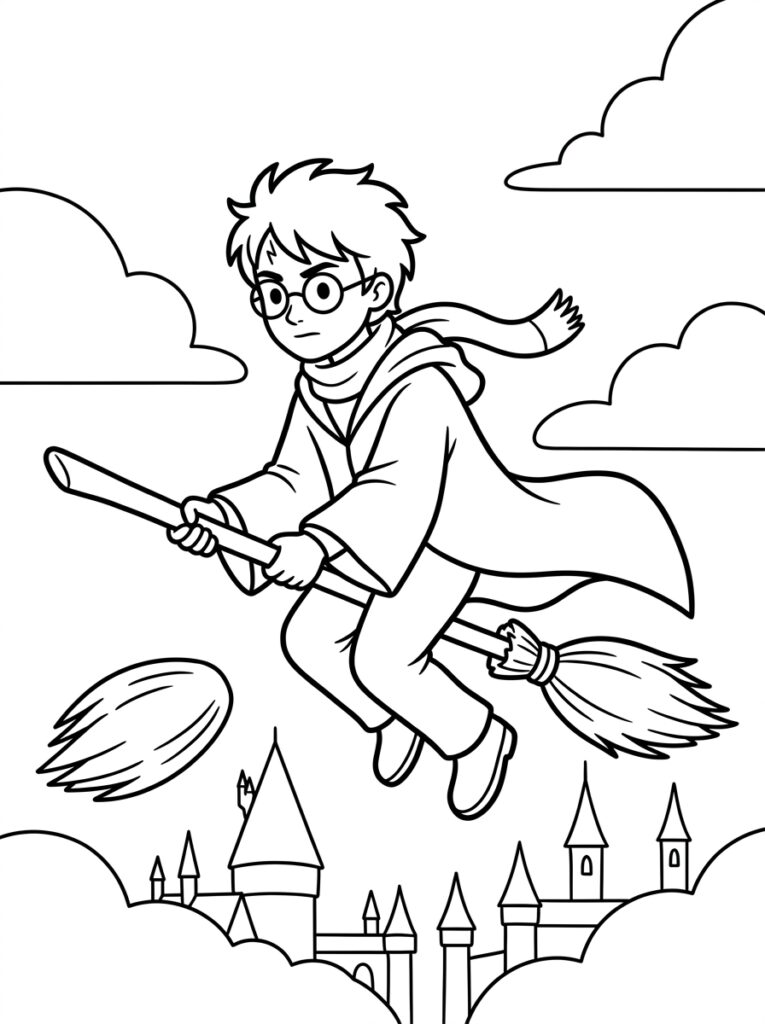Kleurplaat van Harry Potter met bril en sjaal vliegend op een bezemsteel boven kasteeltorens en wolken