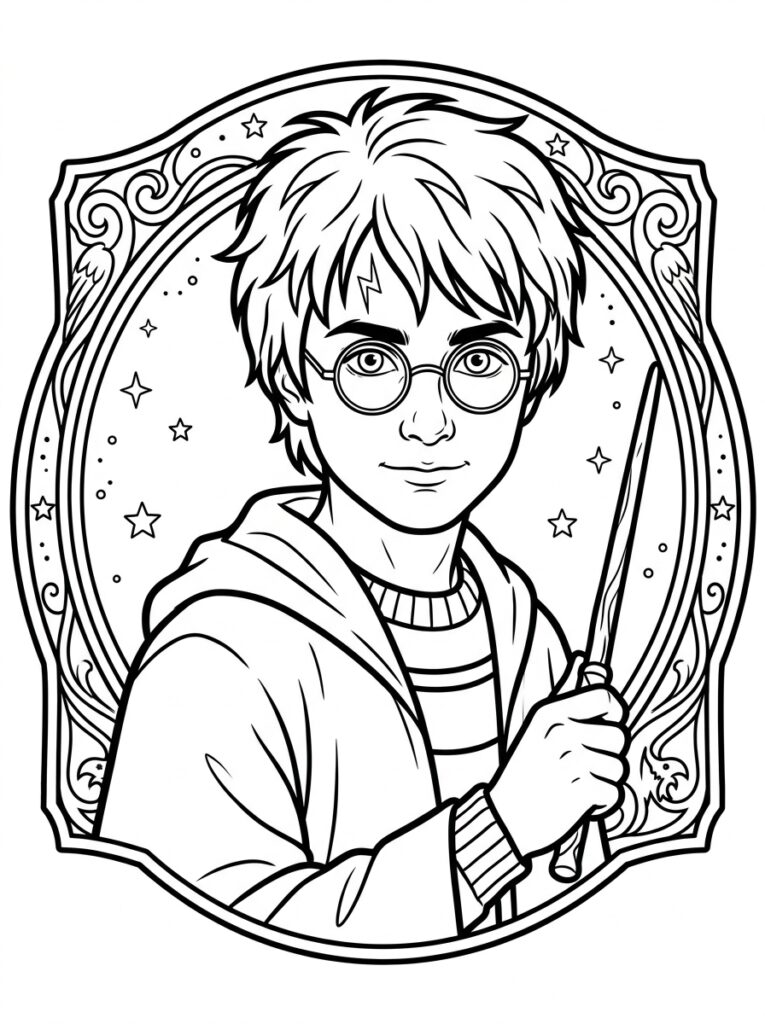 Kleurplaat van Harry Potter met bril litteken en toverstaf in een decoratieve lijst met sterren