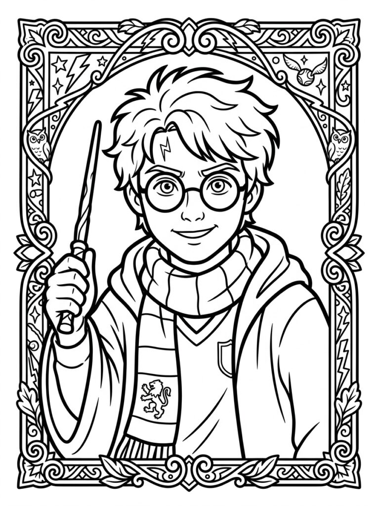 Kleurplaat van Harry Potter met bril sjaal litteken toverstaf en uilen in een sierlijke lijst