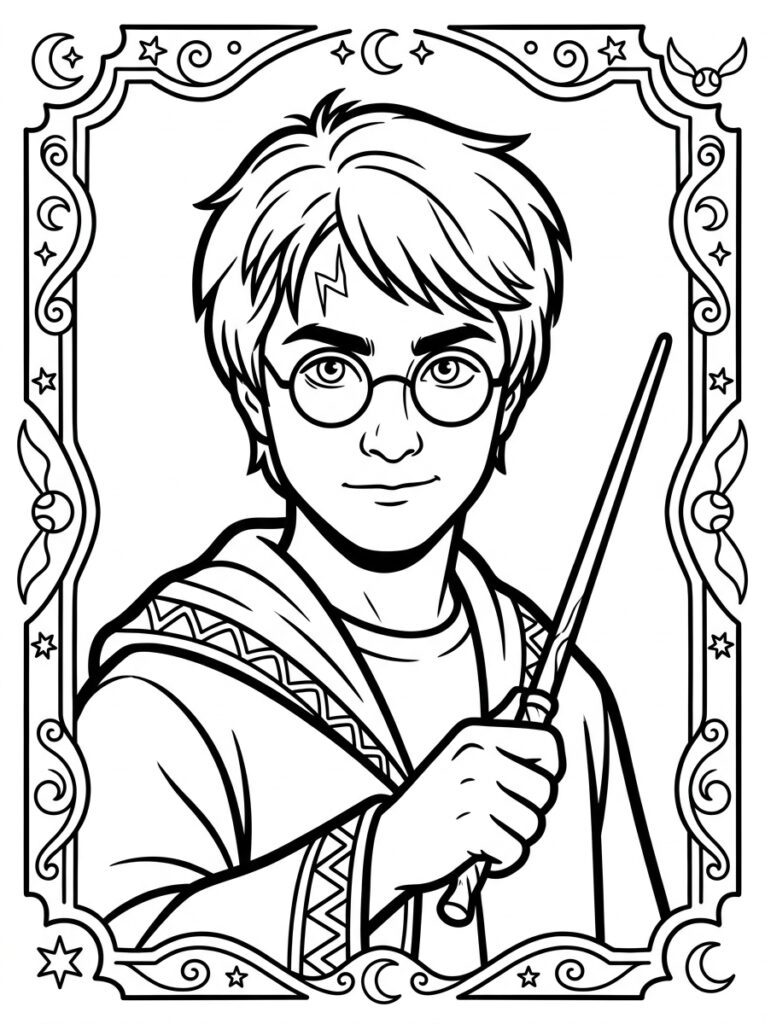 Kleurplaat van Harry Potter met bril litteken en toverstok in een lijst met manen en sterren