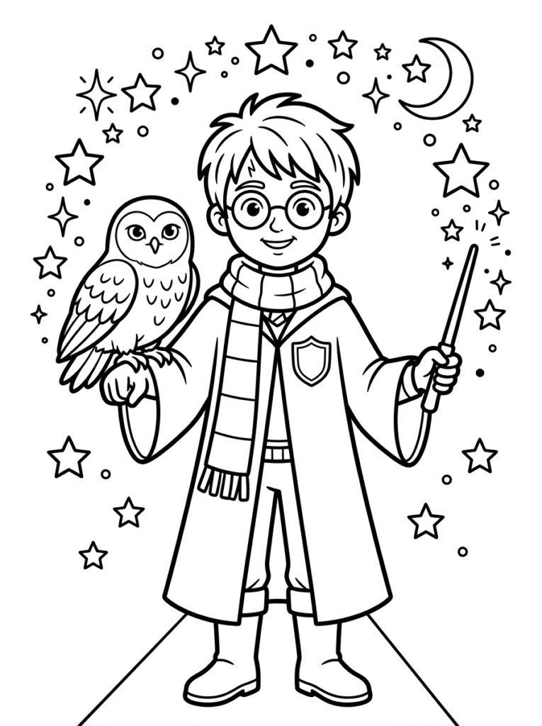Kleurplaat van Harry Potter met bril sjaal uil op arm en toverstaf omringd door sterren en maan