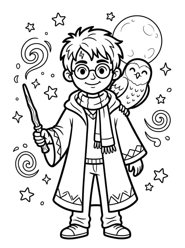 Kleurplaat van Harry Potter met bril sjaal uil op schouder en toverstaf tussen sterren en spiralen