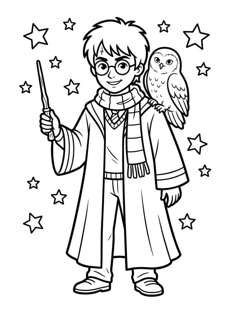 Kleurplaat van Harry Potter met bril sjaal uil op schouder en toverstaf omringd door sterren