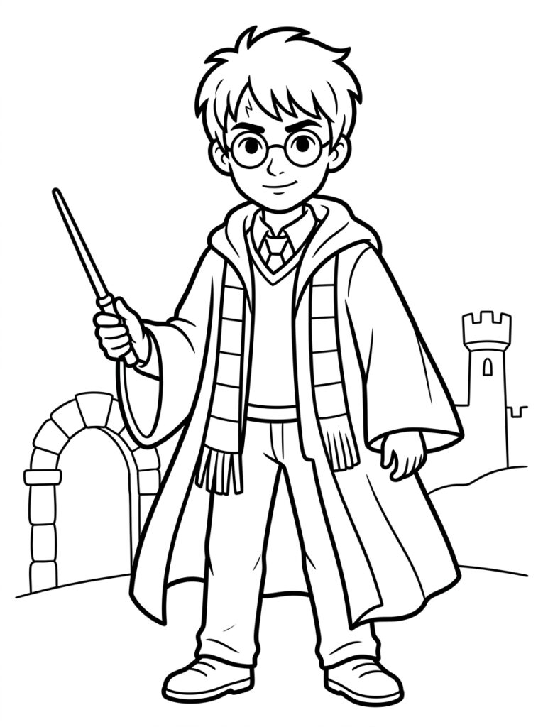 Kleurplaat van Harry Potter met bril sjaal mantel en toverstaf voor een stenen poort en toren