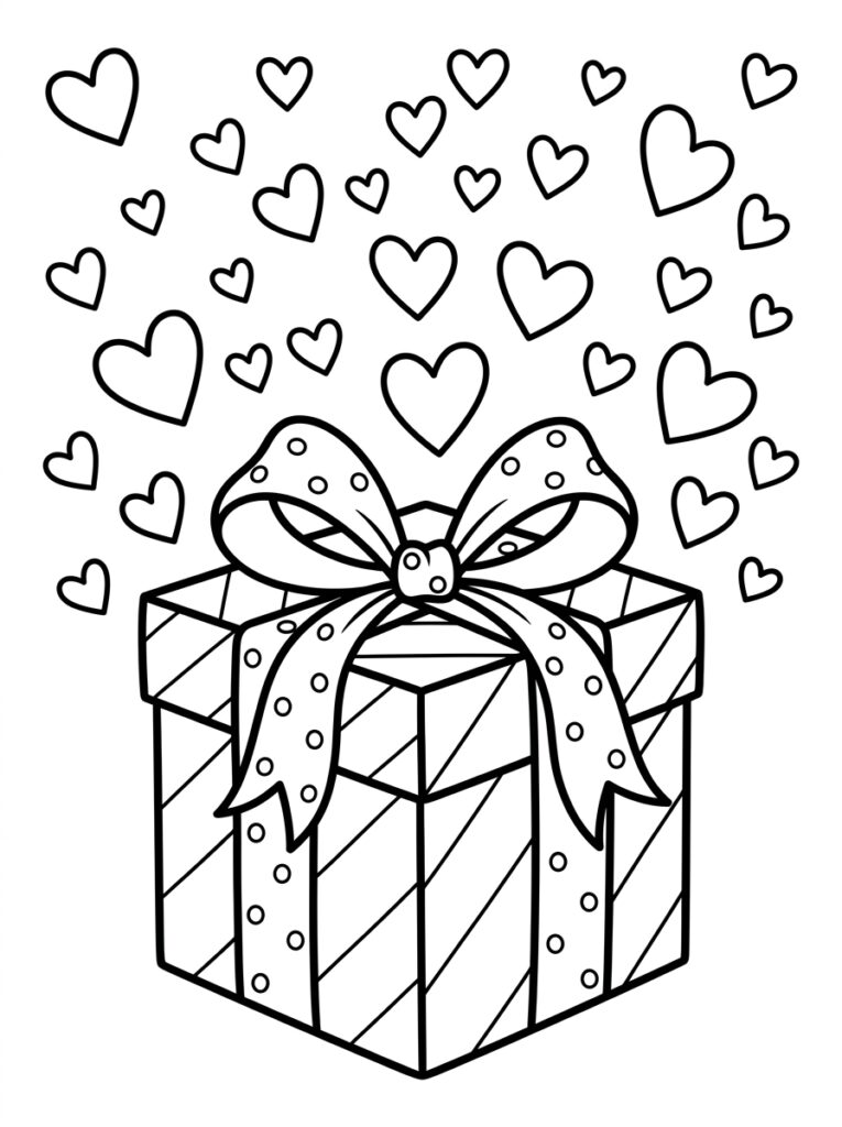 Kleurplaat van een gestreept cadeau met stippenstrik en hartjes