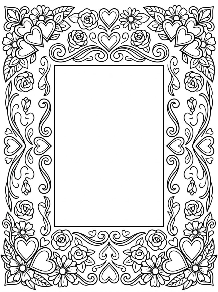 Kleurplaat van een ornamentele lijst met rozen, bloemen, hartjes en krullen rond een leeg vierkant