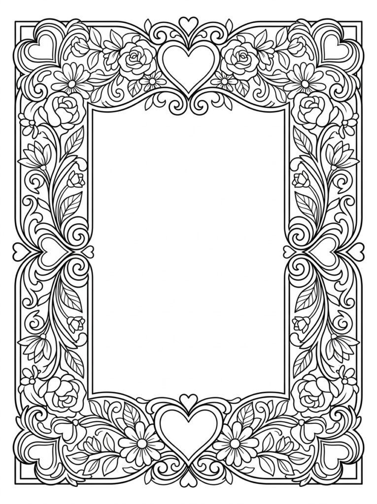 Kleurplaat van een decoratieve lijst met hartjes, rozen en krullen rond een rechthoek