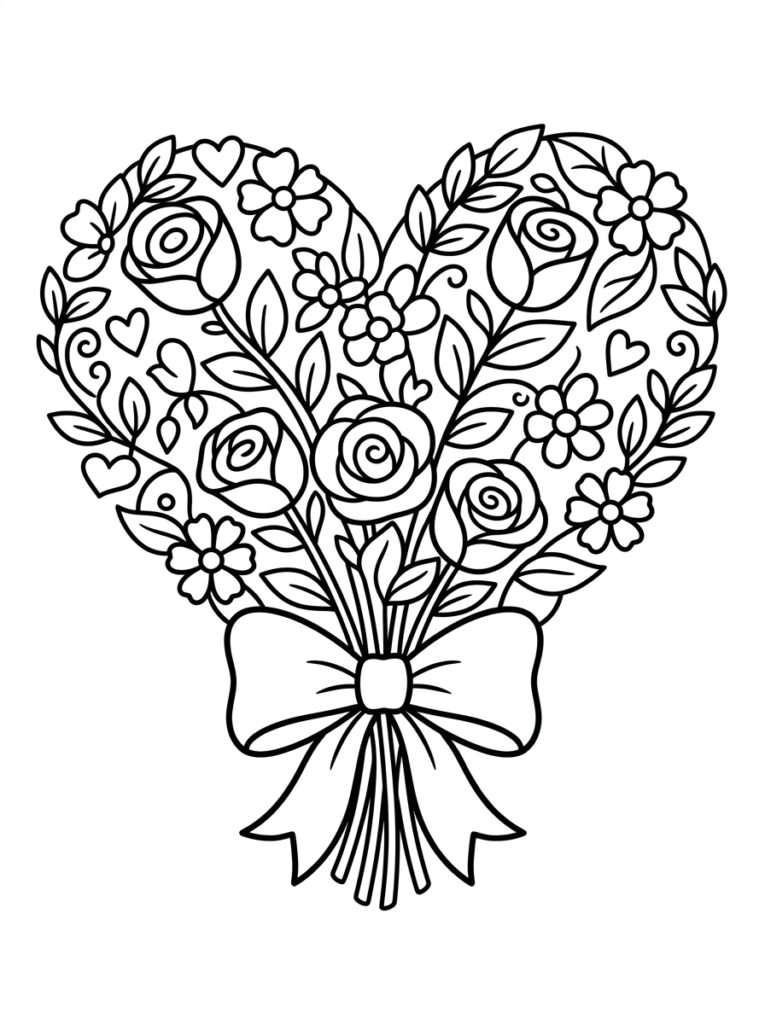 Kleurplaat van een hartvormig boeket met rozen, bloemen, bladeren en strik