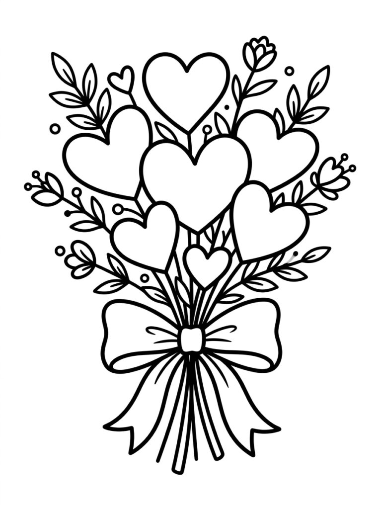 Kleurplaat van een boeket met hartjes, bloemen, bladeren en grote strik