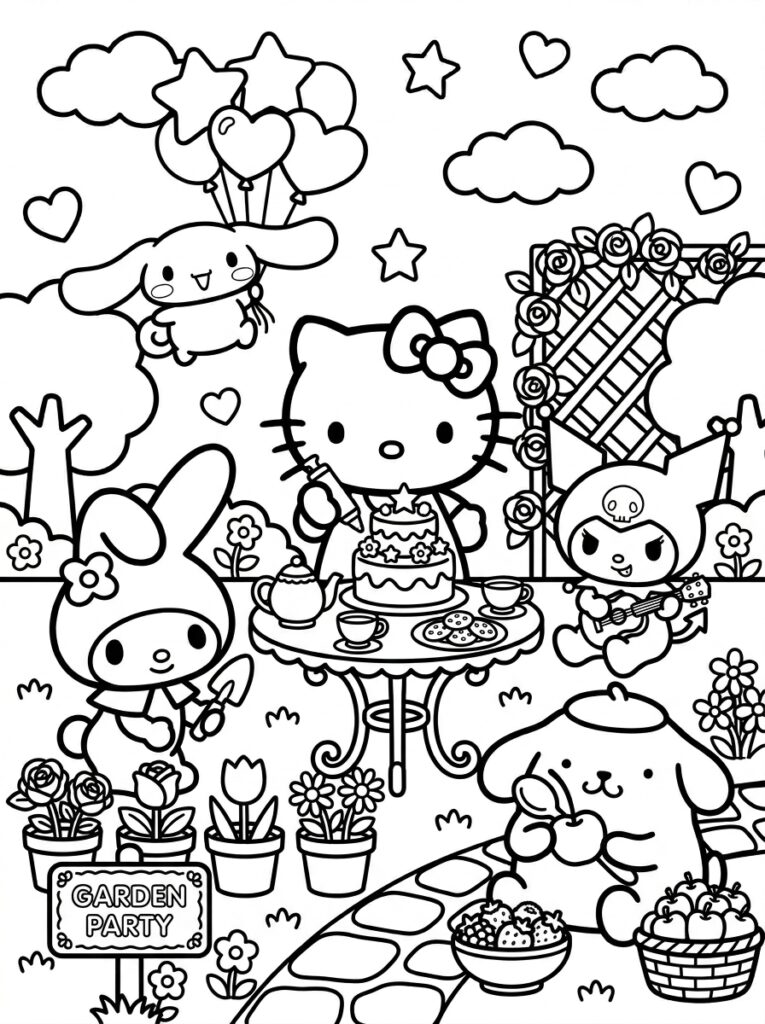 Hello Kitty bij tafel met taart en ballonnen