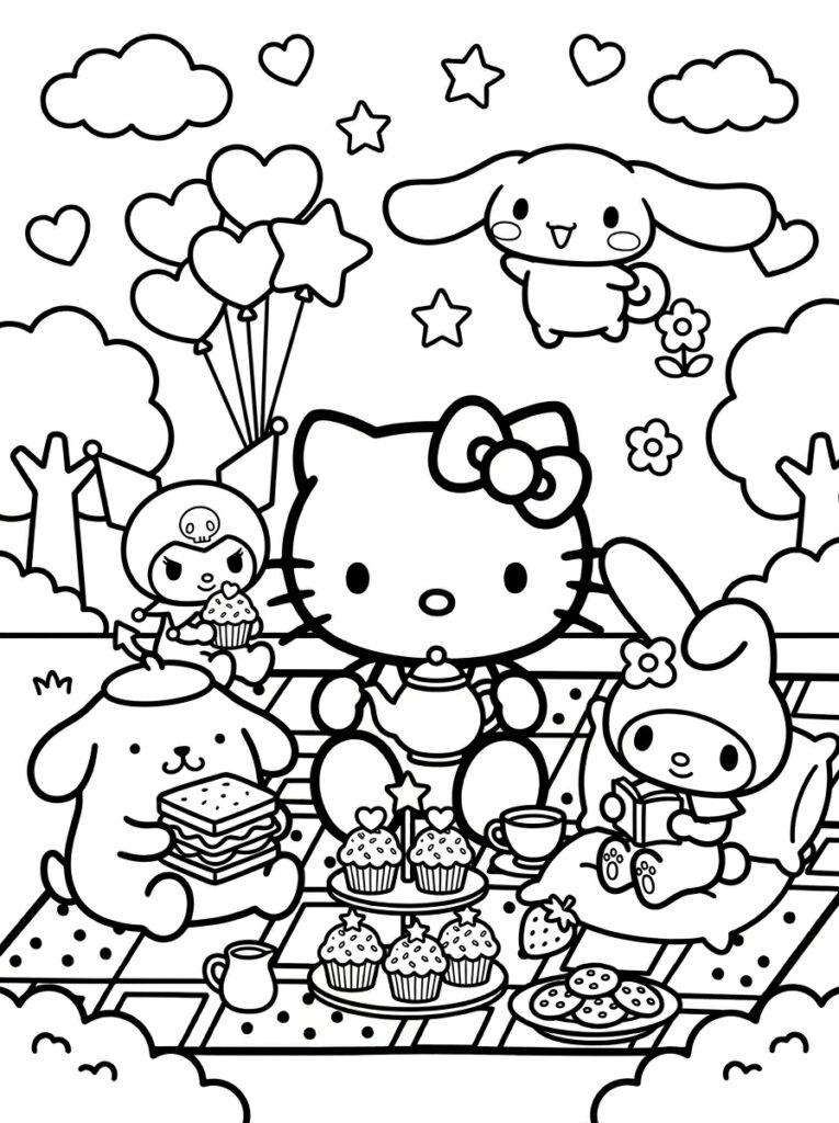 Hello Kitty op picknickdeken met cakejes en boterham