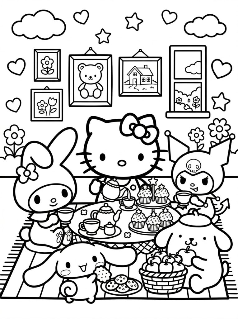 Hello Kitty bij theepot en cakejes op kleed