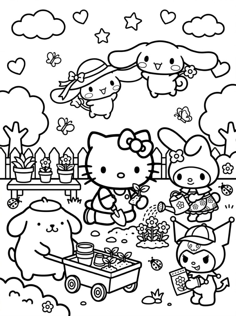 Hello Kitty met schepje en planten in tuin