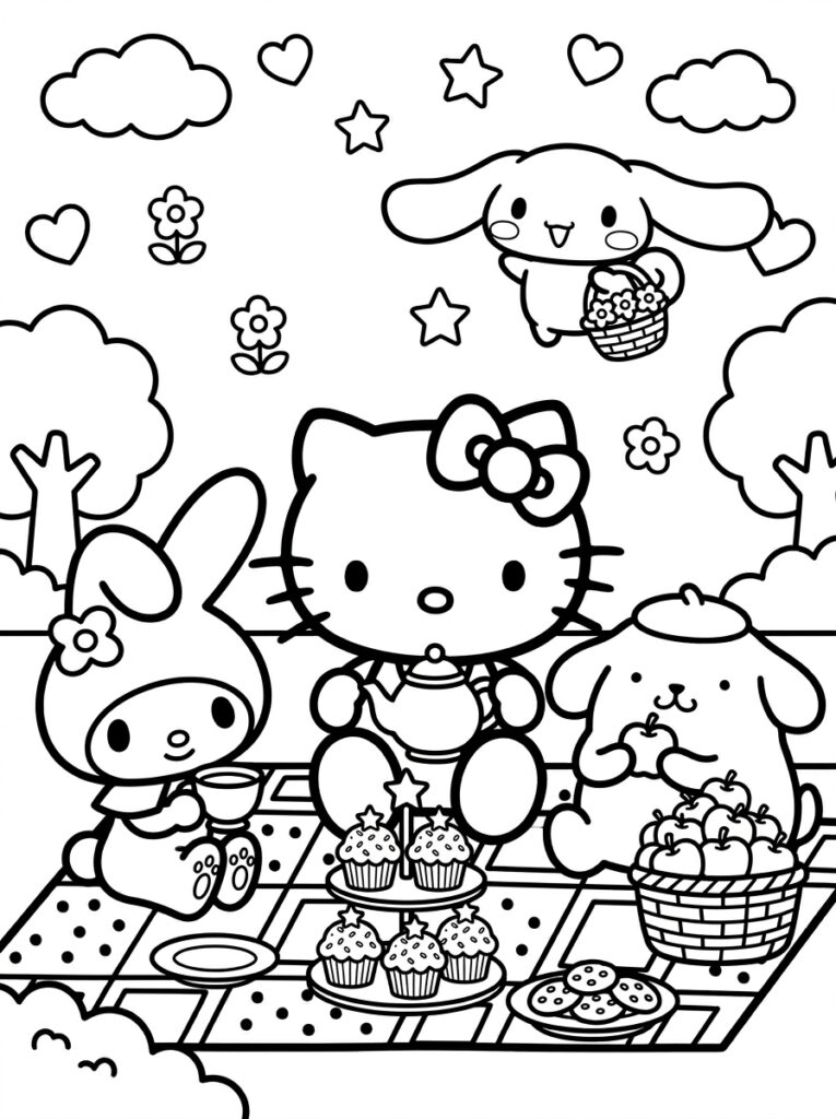 Hello Kitty met theepot en appels op kleed