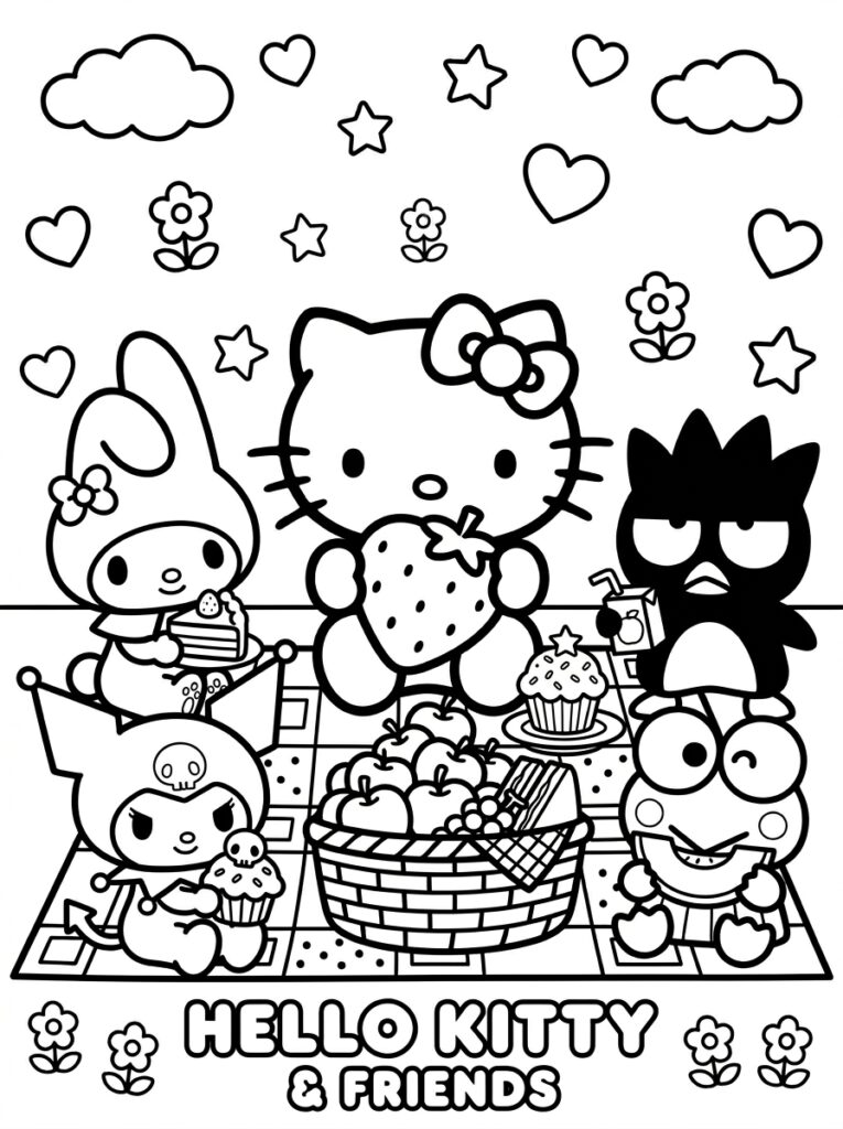 Hello Kitty met grote aardbei en fruitmand