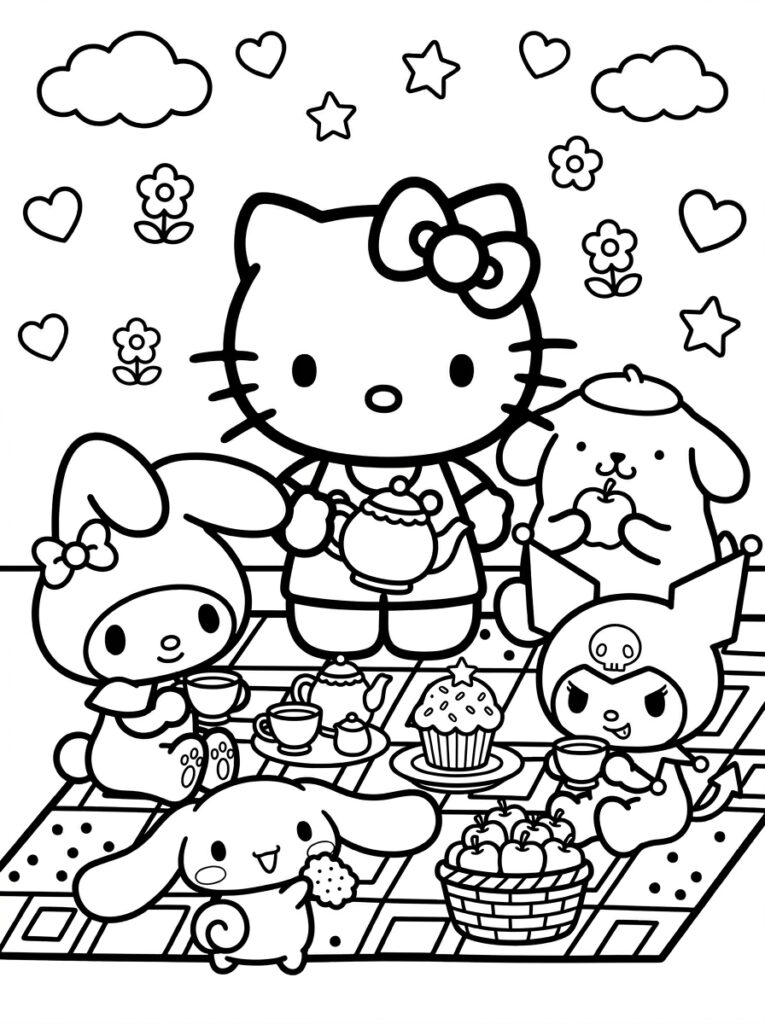 Hello Kitty met theepot tussen My Melody en Kuromi