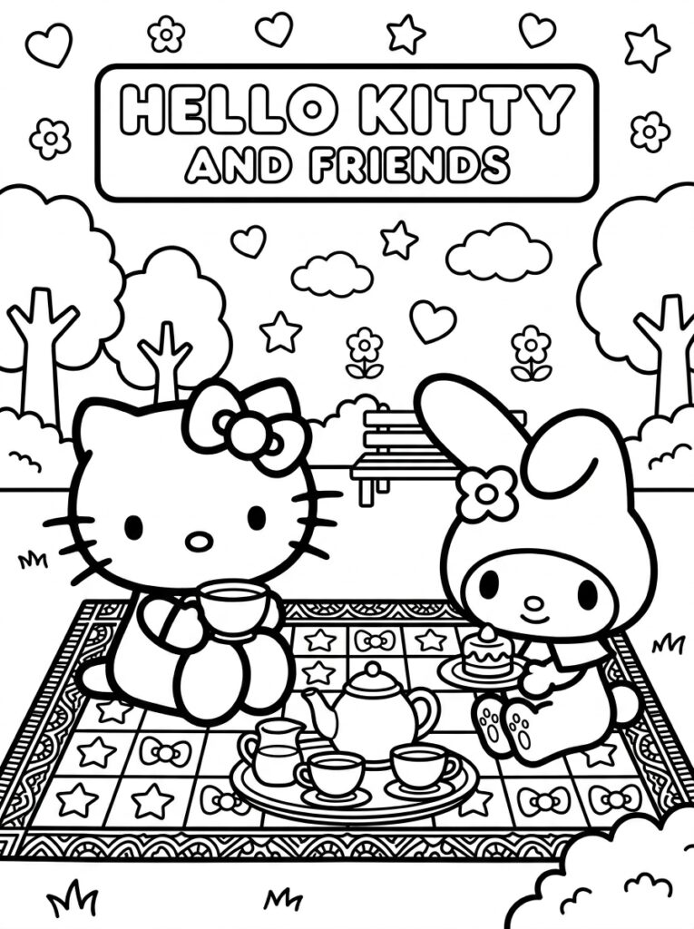 Hello Kitty en My Melody met theeservies in park